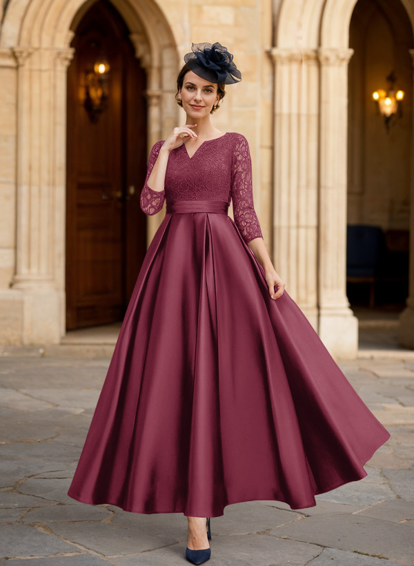 A-Line 3/4 Sleeves Ankle-Length Satin Mother Of The Bride Dresses With Lace