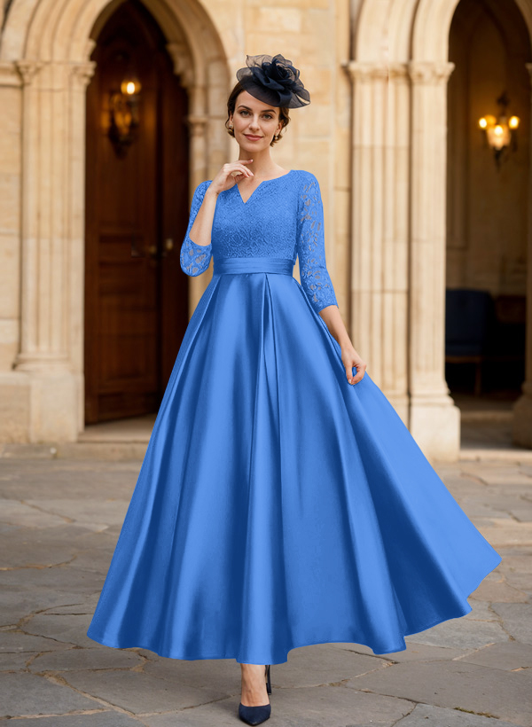A-Line 3/4 Sleeves Ankle-Length Satin Mother Of The Bride Dresses With Lace