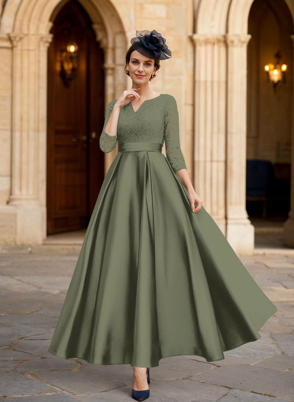 A-Line 3/4 Sleeves Ankle-Length Satin Mother Of The Bride Dresses With Lace