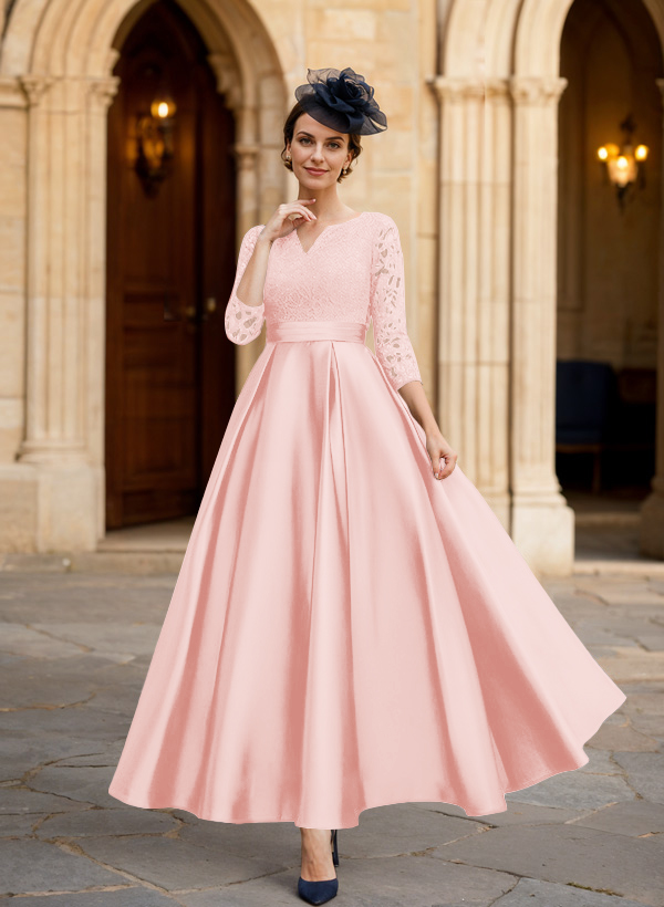 A-Line 3/4 Sleeves Ankle-Length Satin Mother Of The Bride Dresses With Lace