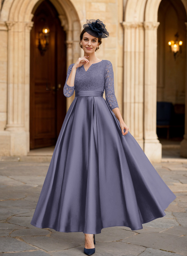 A-Line 3/4 Sleeves Ankle-Length Satin Mother Of The Bride Dresses With Lace