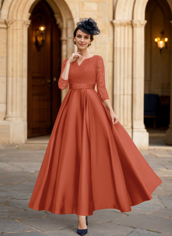 A-Line 3/4 Sleeves Ankle-Length Satin Mother Of The Bride Dresses With Lace