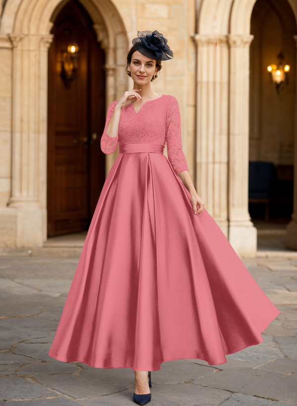 A-Line 3/4 Sleeves Ankle-Length Satin Mother Of The Bride Dresses With Lace