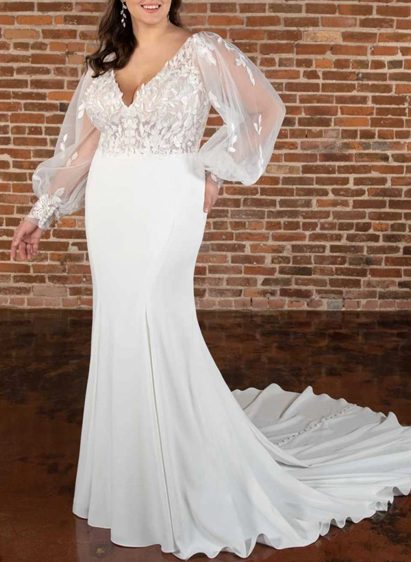 Plus Size Trumpet/Mermaid V-Neck Elastic Satin Wedding Dresses With Lace, product image 1