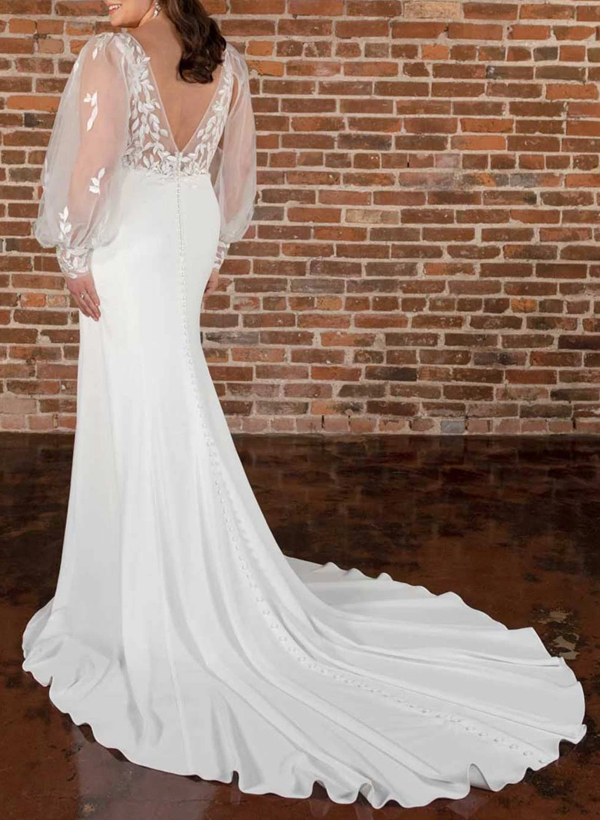 Plus Size Trumpet/Mermaid V-Neck Elastic Satin Wedding Dresses With Lace, product image 2