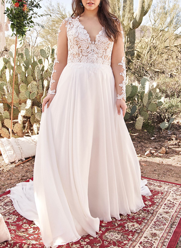 Plus Size A-Line V-Neck Long Sleeves Sweep Train Chiffon Wedding Dresses in Ivory, US2