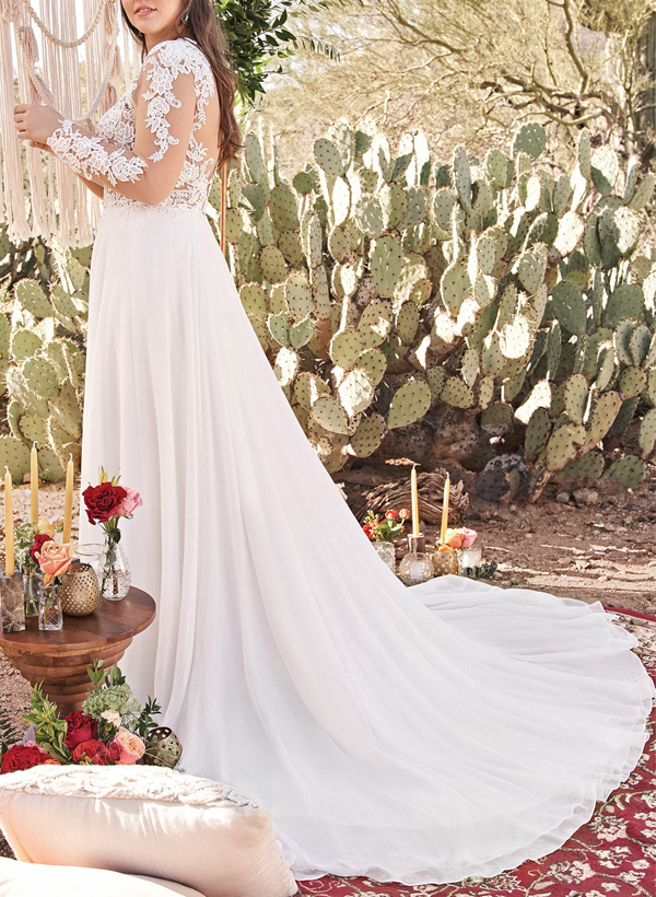 Plus Size A-Line V-Neck Long Sleeves Sweep Train Chiffon Wedding Dresses, product image 2