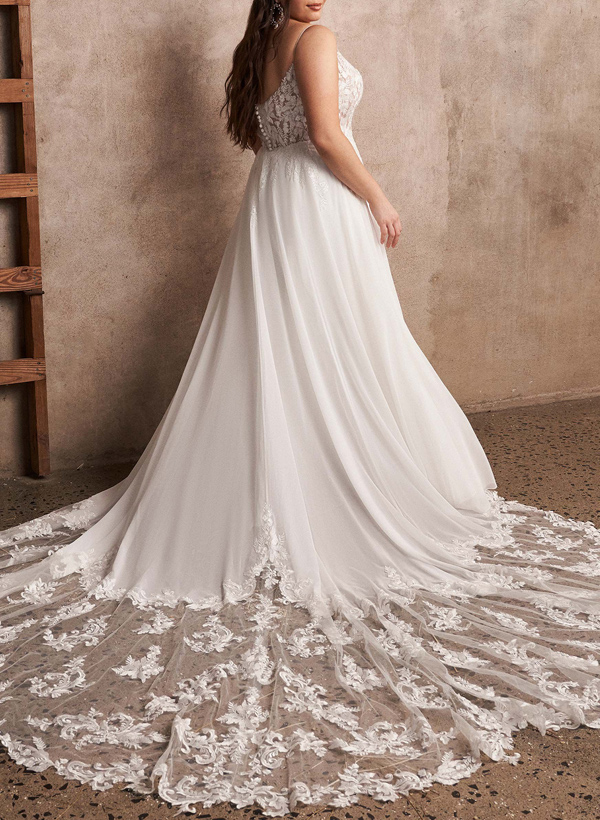 Plus Size A-Line Cowl Neck Sleeveless Court Train Chiffon Wedding Dresses With Lace, product image 4