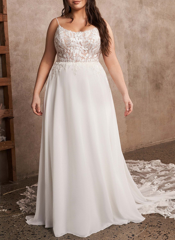 Plus Size A-Line Cowl Neck Sleeveless Court Train Chiffon Wedding Dresses With Lace, product image 1