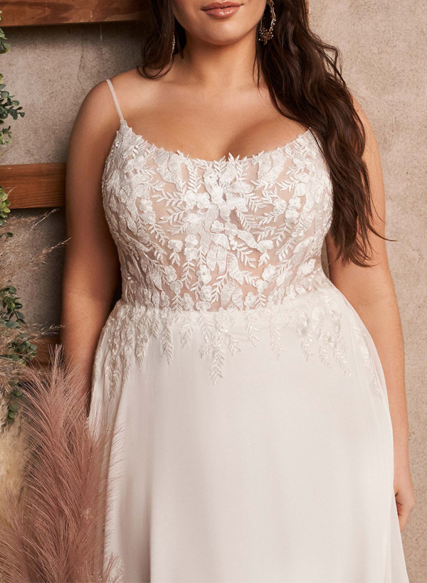 Plus Size A-Line Cowl Neck Sleeveless Court Train Chiffon Wedding Dresses With Lace, product image 2