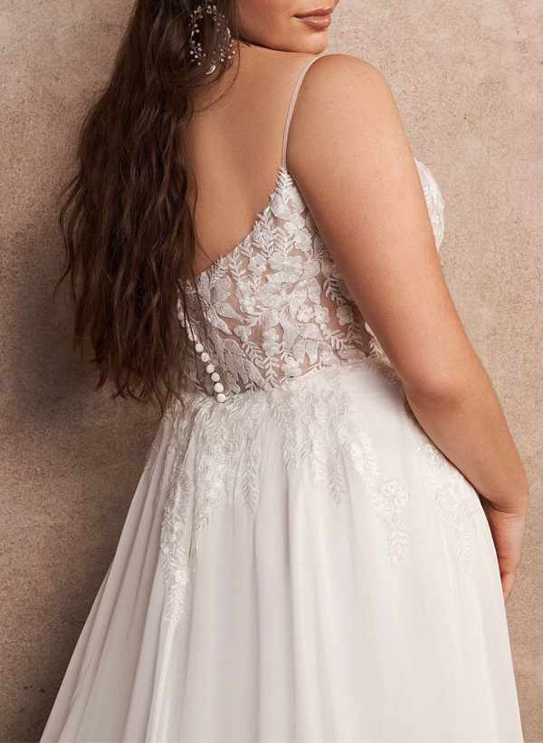 Plus Size A-Line Cowl Neck Sleeveless Court Train Chiffon Wedding Dresses With Lace, product image 3