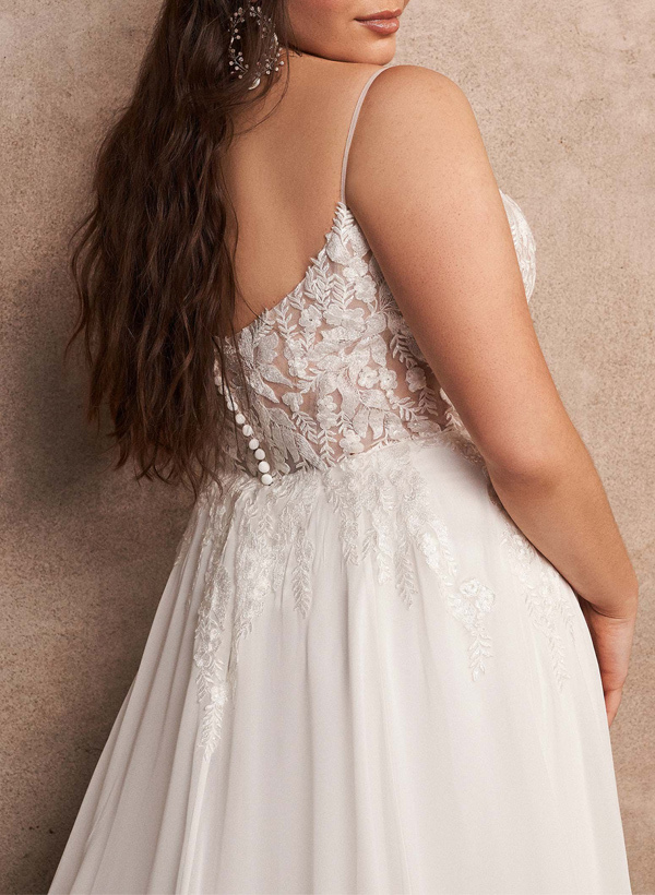 Plus Size A-Line Cowl Neck Sleeveless Court Train Chiffon Wedding Dresses With Lace, product image 3