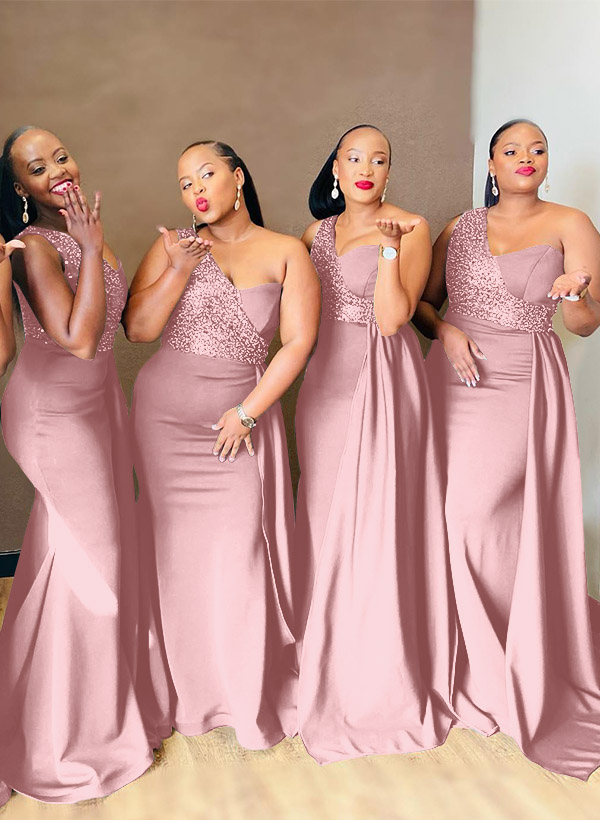 Sheath/Column One-Shoulder Elastic Satin Bridesmaid Dresses With Sequins, product image 17