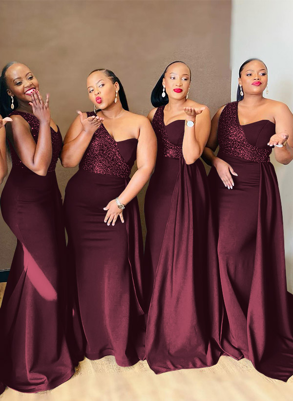 Sheath/Column One-Shoulder Elastic Satin Bridesmaid Dresses With Sequins, product image 3