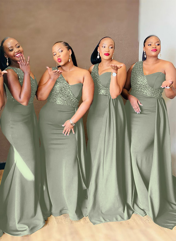 Sheath/Column One-Shoulder Elastic Satin Bridesmaid Dresses With Sequins, product image 19