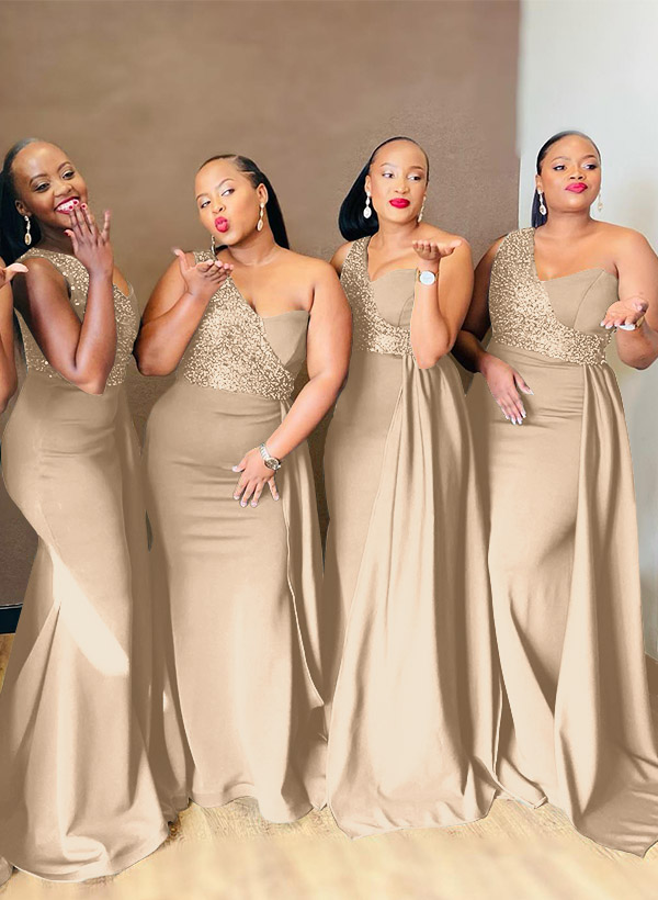 Sheath/Column One-Shoulder Elastic Satin Bridesmaid Dresses With Sequins, product image 10
