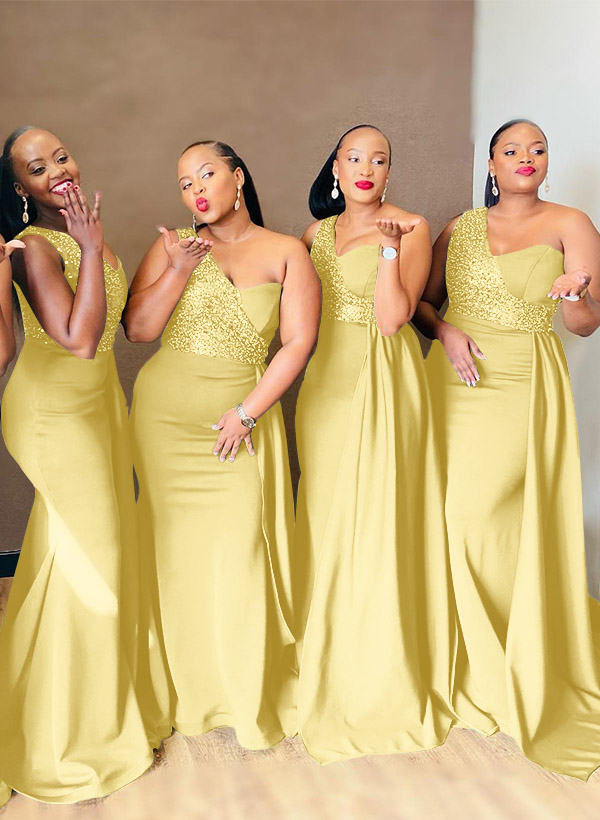 Sheath/Column One-Shoulder Elastic Satin Bridesmaid Dresses With Sequins, product image 31