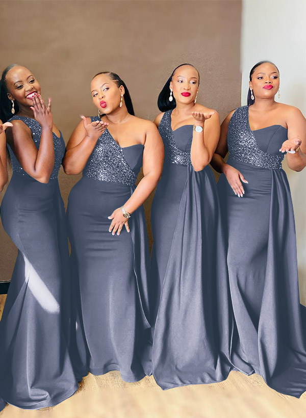 Sheath/Column One-Shoulder Elastic Satin Bridesmaid Dresses With Sequins, product image 16