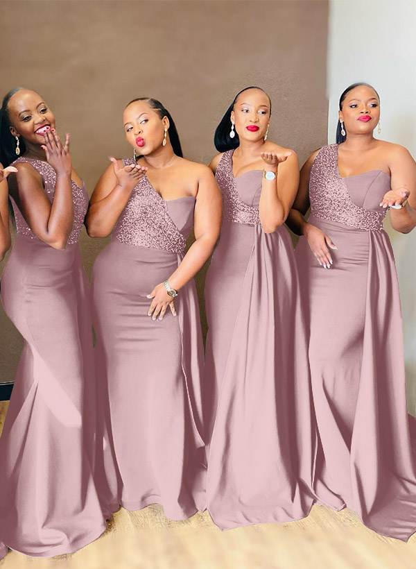 Sheath/Column One-Shoulder Elastic Satin Bridesmaid Dresses With Sequins, product image 9