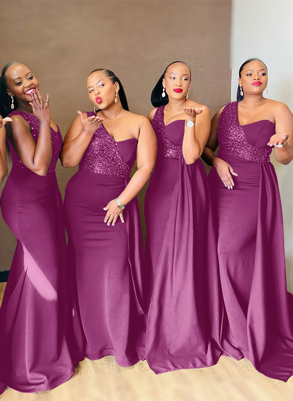 Sheath/Column One-Shoulder Elastic Satin Bridesmaid Dresses With Sequins, product image 38