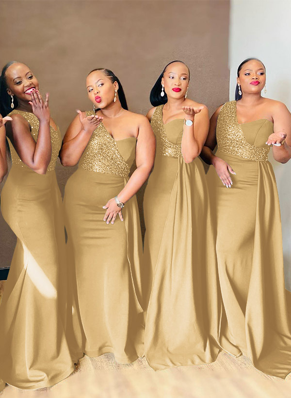 Sheath/Column One-Shoulder Elastic Satin Bridesmaid Dresses With Sequins, product image 40
