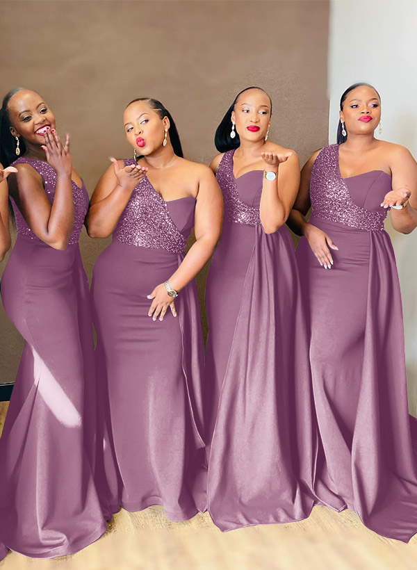 Sheath/Column One-Shoulder Elastic Satin Bridesmaid Dresses With Sequins, product image 37