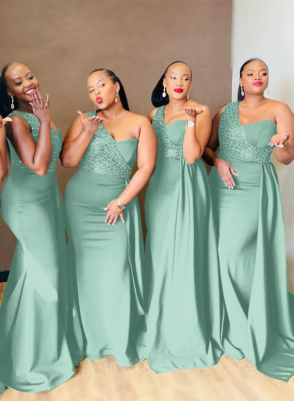 Sheath/Column One-Shoulder Elastic Satin Bridesmaid Dresses With Sequins, product image 48