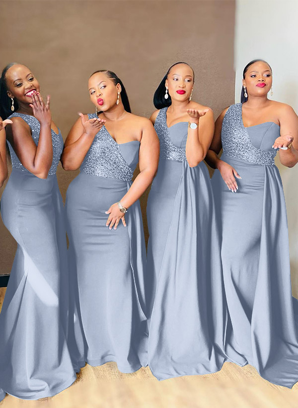 Sheath/Column One-Shoulder Elastic Satin Bridesmaid Dresses With Sequins, product image 44
