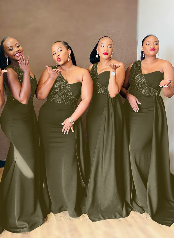 Sheath/Column One-Shoulder Elastic Satin Bridesmaid Dresses With Sequins, product image 57