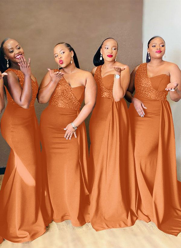 Sheath/Column One-Shoulder Elastic Satin Bridesmaid Dresses With Sequins, product image 47