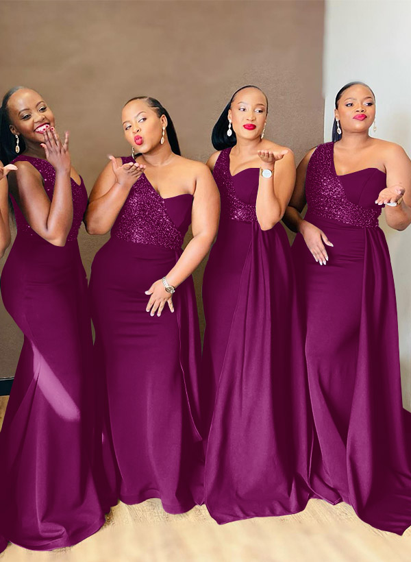 Sheath/Column One-Shoulder Elastic Satin Bridesmaid Dresses With Sequins, product image 39