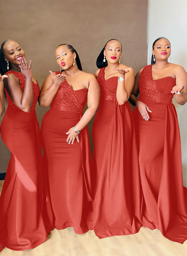 Sheath/Column One-Shoulder Elastic Satin Bridesmaid Dresses With Sequins, product image 49