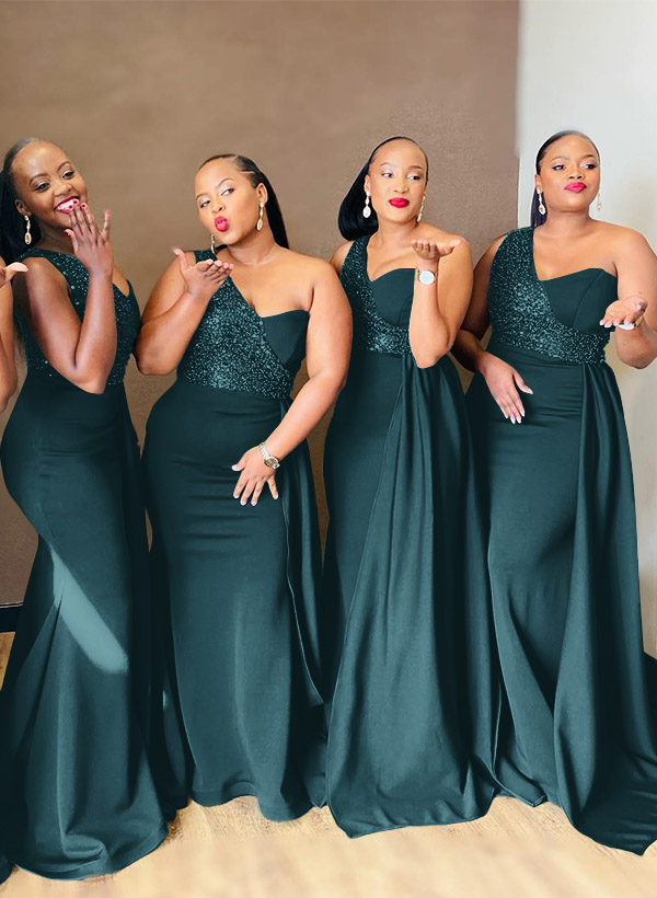 Sheath/Column One-Shoulder Elastic Satin Bridesmaid Dresses With Sequins, product image 26