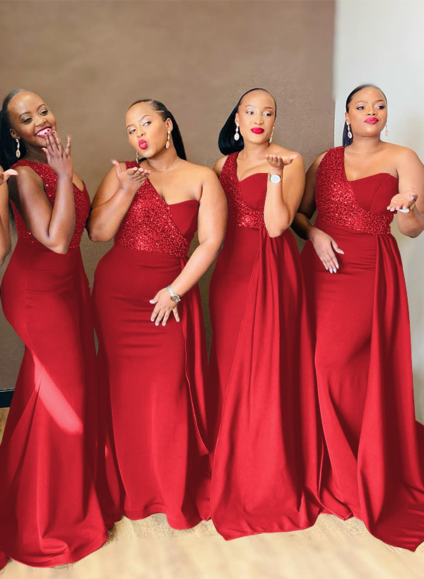 Sheath/Column One-Shoulder Elastic Satin Bridesmaid Dresses With Sequins, product image 4