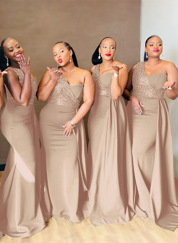 Sheath/Column One-Shoulder Elastic Satin Bridesmaid Dresses With Sequins, product image 58