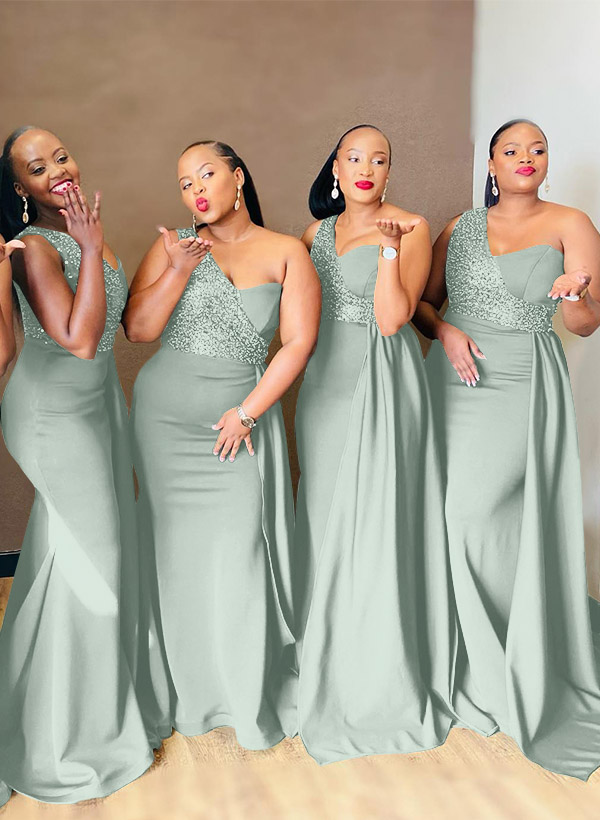 Sheath/Column One-Shoulder Elastic Satin Bridesmaid Dresses With Sequins, product image 55