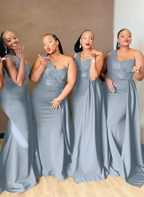 Sheath/Column One-Shoulder Elastic Satin Bridesmaid Dresses With Sequins, product image 7