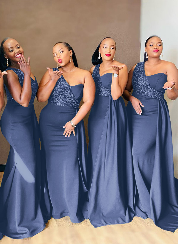 Sheath/Column One-Shoulder Elastic Satin Bridesmaid Dresses With Sequins, product image 20