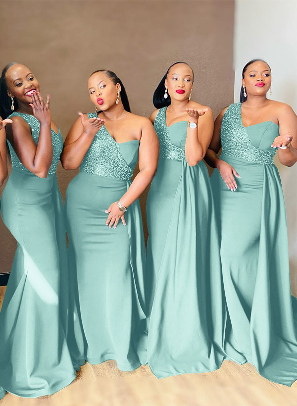 Sheath/Column One-Shoulder Elastic Satin Bridesmaid Dresses With Sequins, product image 43