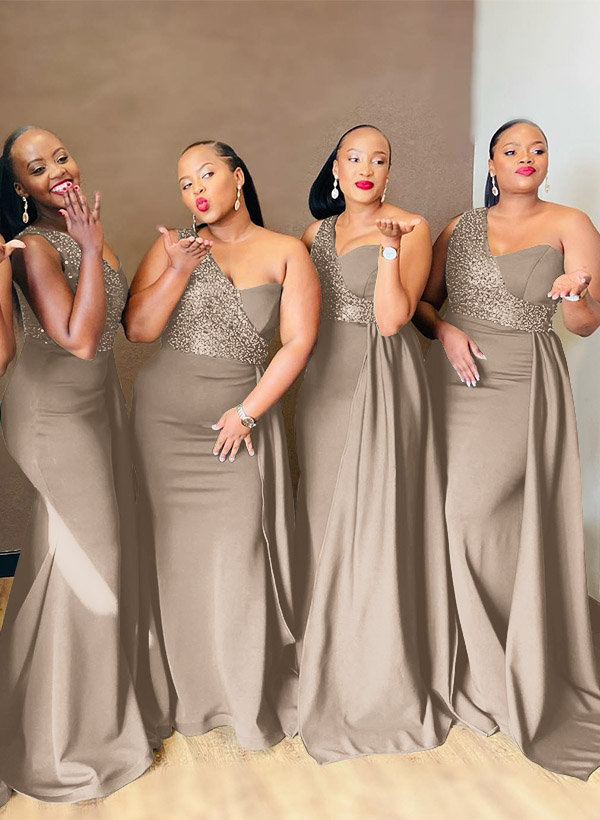 Sheath/Column One-Shoulder Elastic Satin Bridesmaid Dresses With Sequins, product image 34