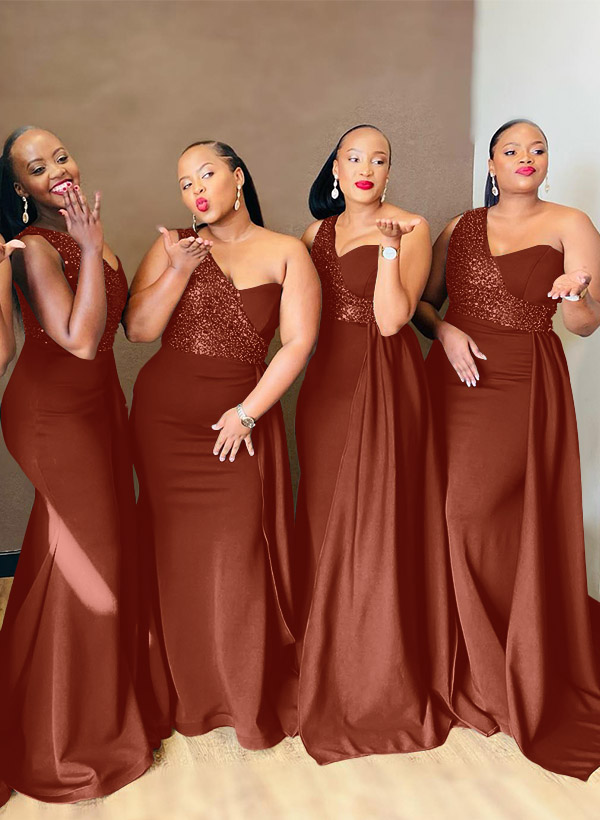 Sheath/Column One-Shoulder Elastic Satin Bridesmaid Dresses With Sequins, product image 41