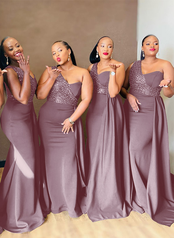 Sheath/Column One-Shoulder Elastic Satin Bridesmaid Dresses With Sequins, product image 24
