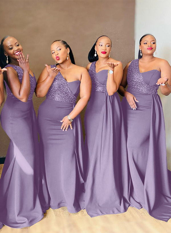 Sheath/Column One-Shoulder Elastic Satin Bridesmaid Dresses With Sequins, product image 21