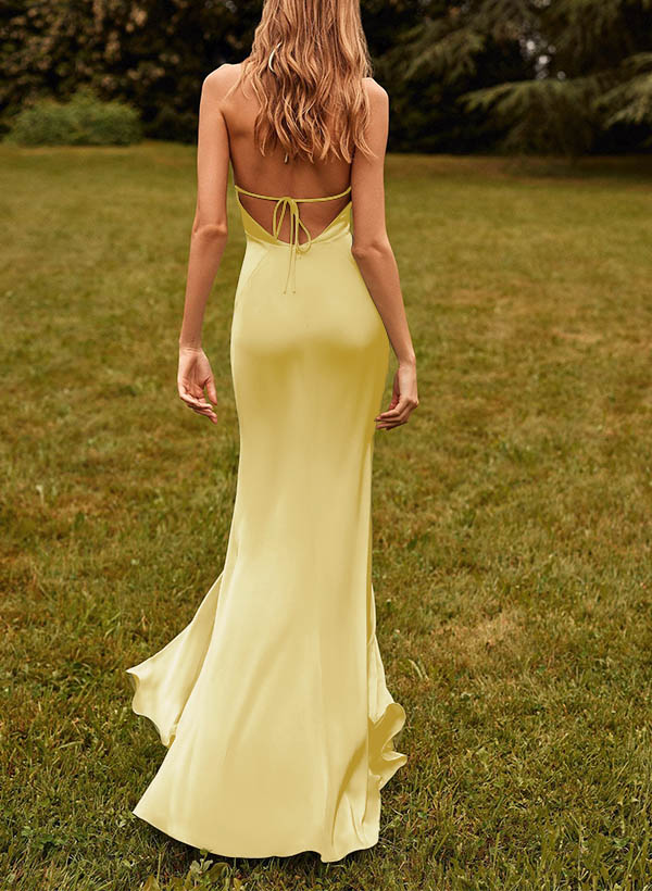 Seductive Halter Plunge Neck Lace Up Back Bridesmaid Dresses With Front Slit, product image 82