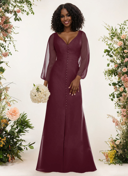 A-Line V-Neck Long Sleeves Chiffon Bridesmaid Dresses With Split Front