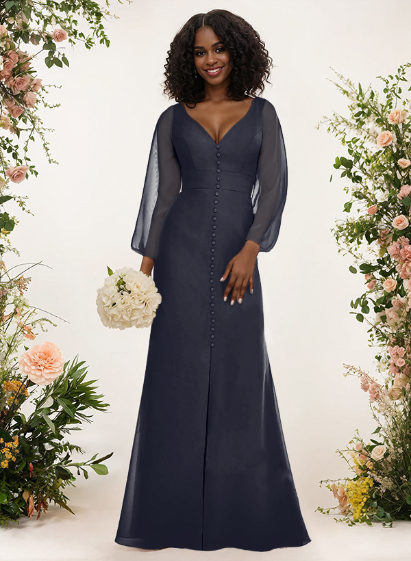 A-Line V-Neck Long Sleeves Chiffon Bridesmaid Dresses With Split Front