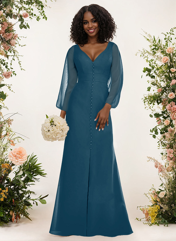 A-Line V-Neck Long Sleeves Chiffon Bridesmaid Dresses With Split Front