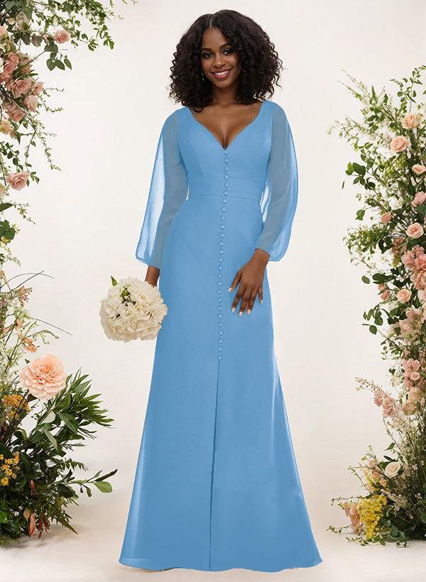 A-Line V-Neck Long Sleeves Chiffon Bridesmaid Dresses With Split Front