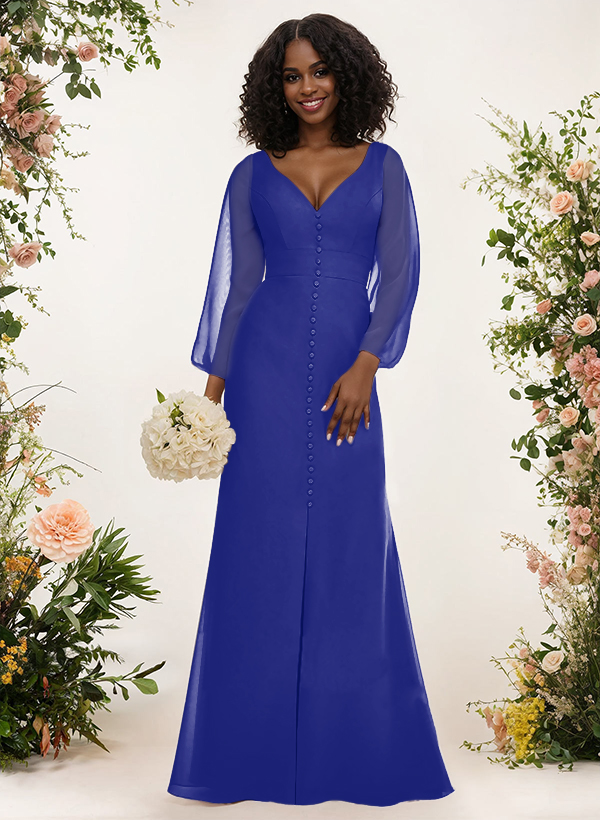 A-Line V-Neck Long Sleeves Chiffon Bridesmaid Dresses With Split Front