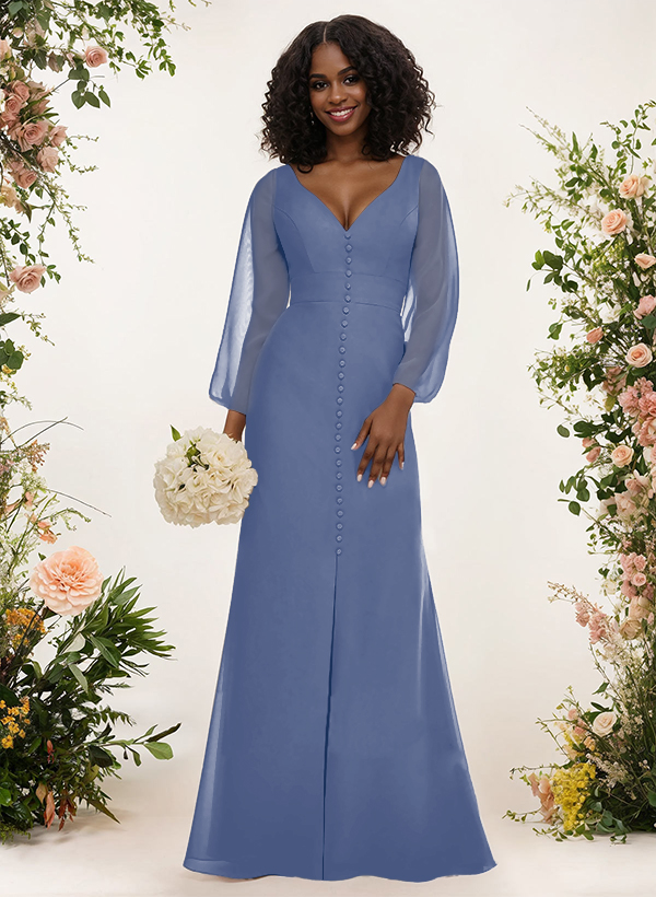 A-Line V-Neck Long Sleeves Chiffon Bridesmaid Dresses With Split Front